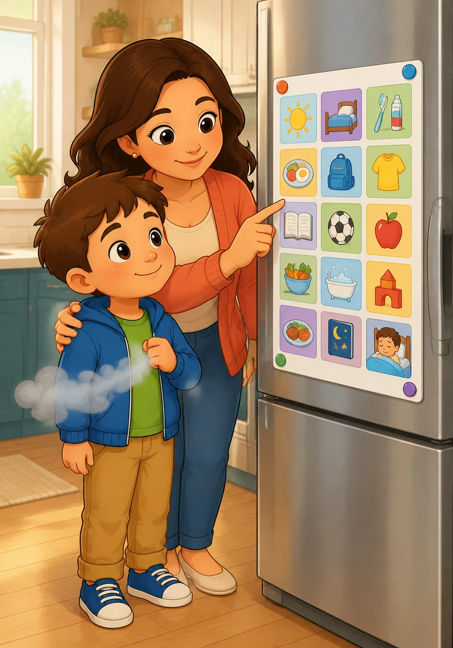 Together, they look at a visual schedule on the refrigerator to see what will happen next. Seeing the plan written out helps the stormy cloud in Leo's chest start to drift away.