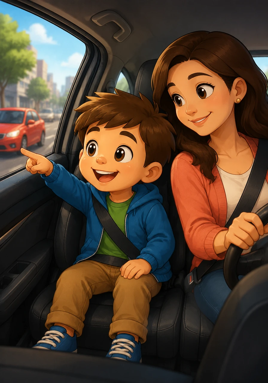 During the car ride, Leo focuses on a fun spotting game, looking for red cars out the window. Shifting his attention helps his mind calm down and brings a smile back to his face.
