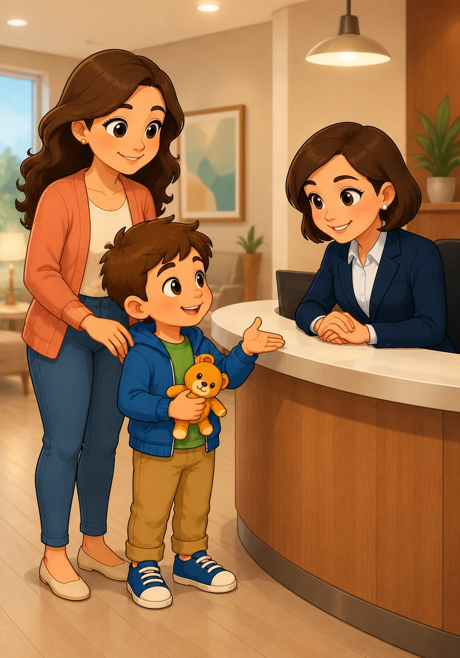 When they arrive at the appointment, Leo uses his words to express his needs to the kind receptionist. He feels proud of himself for handling the new environment so bravely.