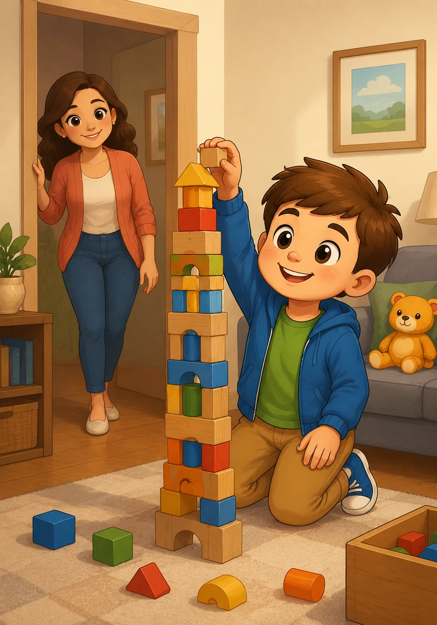 Once they return home, Leo gets to go right back to his blocks and finishes building his magnificent tower. He realizes that a change in schedule doesn't mean his fun is gone forever.