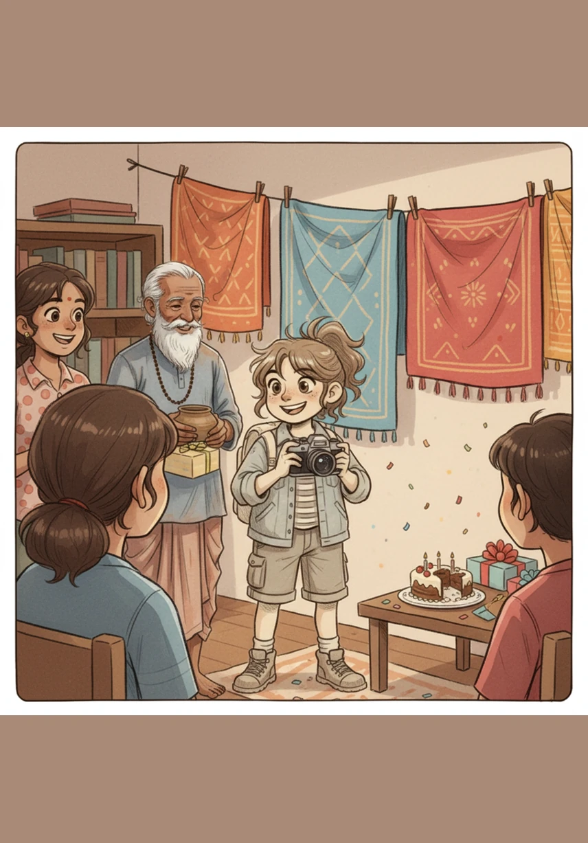 मीरा को अपने जन्मदिन पर एक नया कैमरा मिलता है और उसकी आँखों में एक अनोखी चमक आ जाती है। वह तुरंत अपनी पहली वीडियो रिकॉर्ड करने का फैसला करती है और अपने कमरे के एक कोने को रंगीन पर्दों से सजाने लगती है।