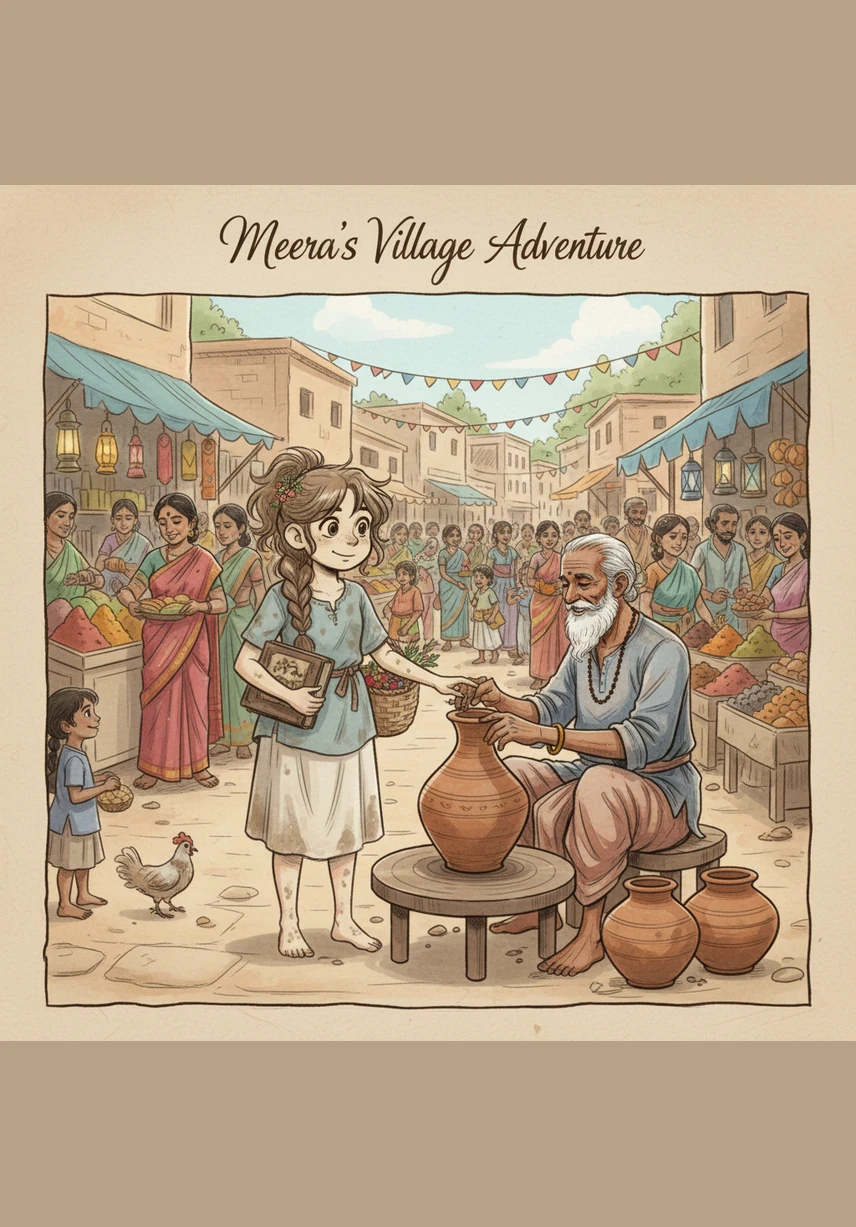मीरा अपने गाँव के व्यस्त बाज़ार पहुँचती है जहाँ मसालों की खुशबू और रंगीन कपड़ों की चमक फैली हुई है। वह दुकानदारों की मुस्कुराहट और बाज़ार की हलचल को बहुत ही खूबसूरती से अपने कैमरे में कैद करती है।