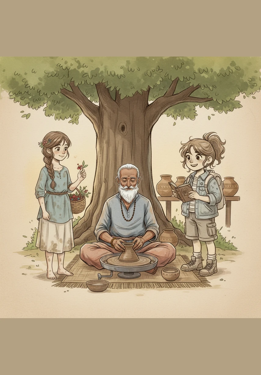 रास्ते में वह एक बूढ़े कुम्हार को मिट्टी के सुंदर बर्तन बनाते हुए देखती है। मीरा उनके पास बैठकर उनके हाथों के जादू को रिकॉर्ड करती है, जो साधारण मिट्टी को एक नया और कलात्मक आकार दे रहे थे।