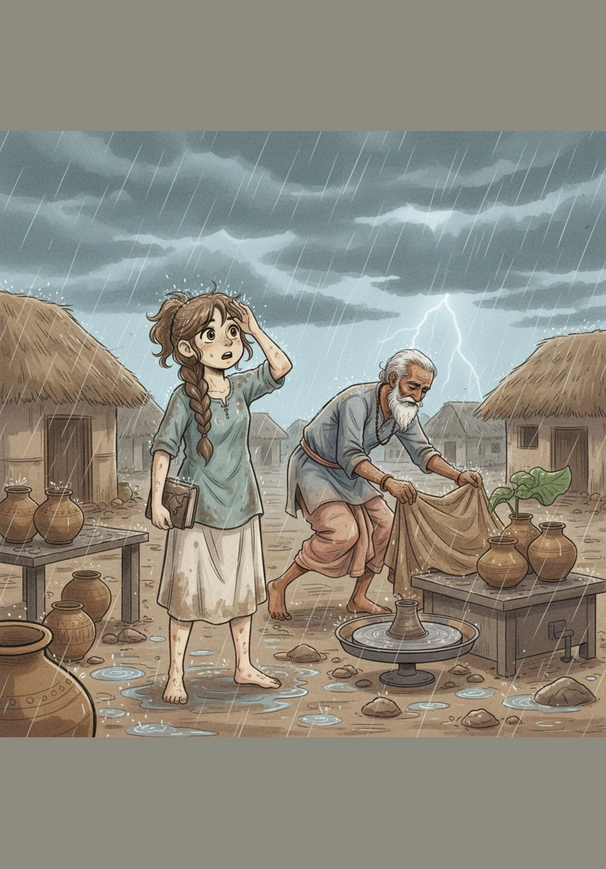 अचानक तेज़ बारिश होने लगती है, लेकिन मीरा घबराती नहीं बल्कि अपनी रंगीन छतरी निकाल लेती है। वह बारिश की गिरती बूंदों और गीली मिट्टी की सोंधी महक को अपने वीडियो का एक यादगार हिस्सा बनाती है।