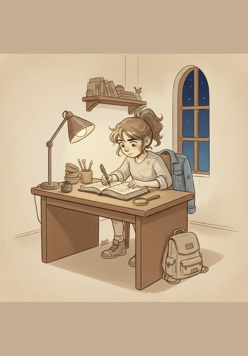 शाम को घर लौटकर मीरा अपनी मेज पर बैठती है और दिन भर की रिकॉर्ड की गई क्लिप्स को बड़े ध्यान से जोड़ने लगती है। वह उसमें मधुर संगीत और अपनी आवाज़ डालती है ताकि उसकी कहानी पूरी और प्रभावशाली लग सके।