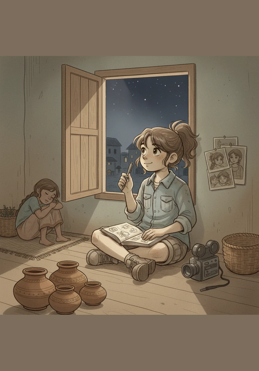 रात के सन्नाटे में मीरा अपनी खिड़की के पास बैठकर अगले व्लॉग के बारे में योजना बनाती है। उसका कैमरा अब सिर्फ एक मशीन नहीं, बल्कि उसकी भावनाओं और कहानियों को दुनिया तक पहुँचाने का एक सशक्त ज़रिया बन गया है।