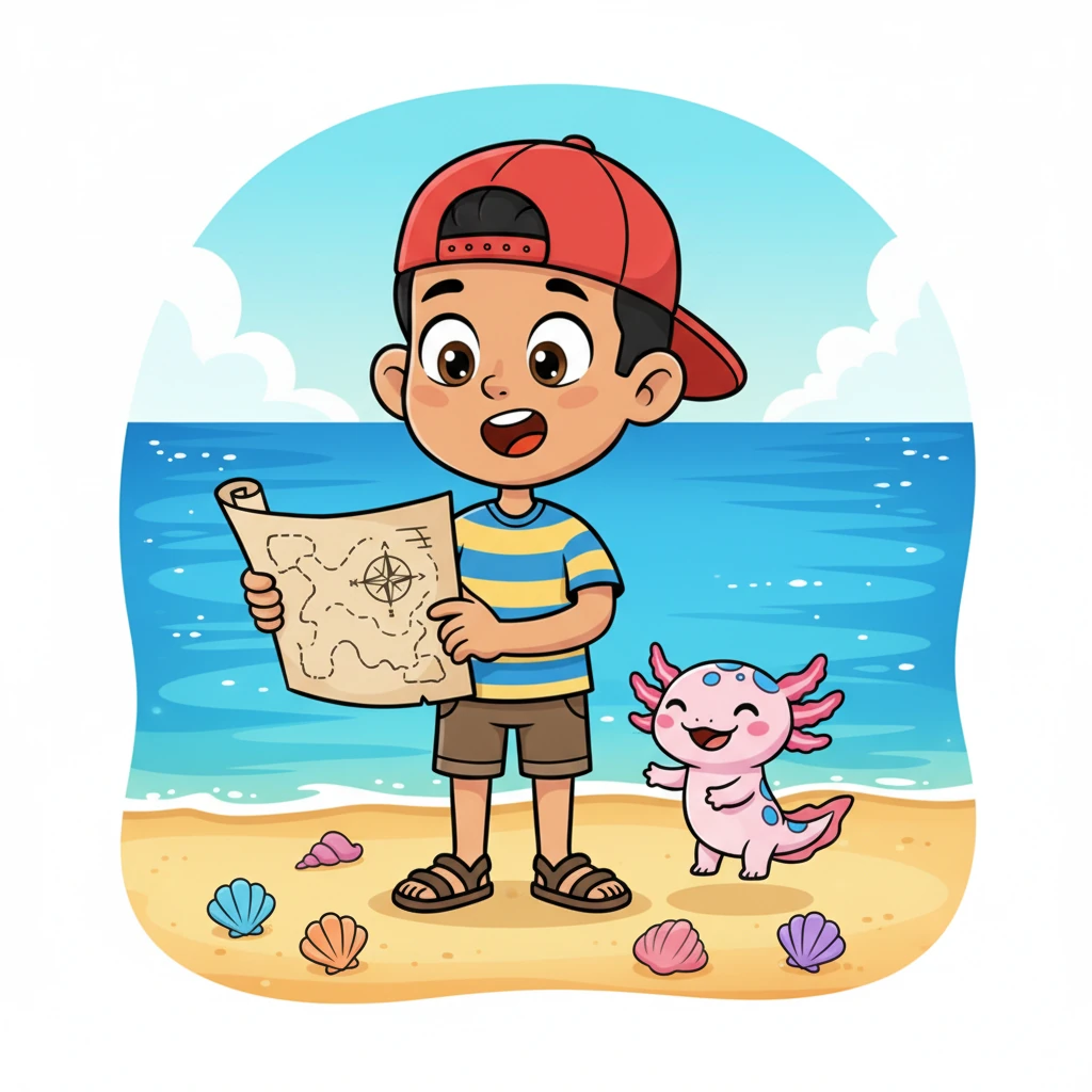 Leo, un niño curioso con una gorra de béisbol, y Ajo, un ajolote sonriente y regordete, están en una playa soleada. El océano azul brillante se extiende detrás de ellos, y hay conchas de colores esparcidas por la arena dorada. Leo sostiene un mapa viejo y enrollado, con los ojos bien abiertos de asombro mientras Ajo salta a su lado con entusiasmo.