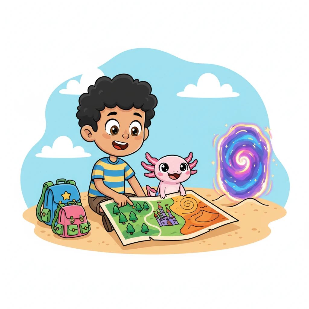 Leo y Ajo están sentados en la arena, con el mapa extendido entre ellos. El mapa es vibrante, mostrando un bosque verde esmeralda, un desierto naranja y un castillo de aspecto mágico. Leo señala las ubicaciones con el dedo, mientras Ajo mira atentamente, con una expresión de pura emoción. Junto a ellos, aparecen dos mochilas caricaturescas y un portal brillante y arremolinado.