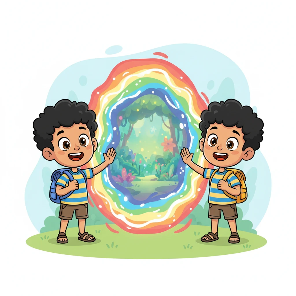 Con grandes sonrisas, Leo y Ajo levantan sus manos, mirando el portal mágico que brilla y pulsa con energía. El portal, en forma de un arco iris giratorio, se abre frente a ellos, mostrando un destello de un mundo verde. Sus mochilas, ahora puestas, parecen ligeras y llenas de sorpresas.
