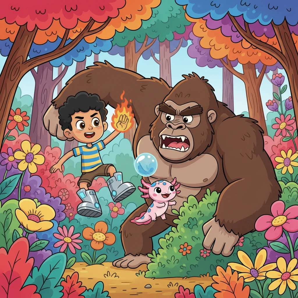 Leo y Ajo aterrizan suavemente en un bosque vibrante, lleno de árboles con hojas de todos los colores y flores gigantes. Llevan unas botas de aspecto futurista y Leo tiene un aura de fuego alrededor de su mano, mientras Ajo tiene una burbuja de agua flotando cerca. Un gorila gigante y gruñón, con cejas pobladas y brazos musculosos, aparece de repente entre los arbustos, bloqueando su camino con una expresión enojada.