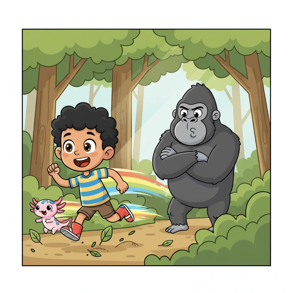 Leo y Ajo, con los ojos muy abiertos, corren a toda velocidad, dejando al gorila sorprendido y con una expresión de frustración. Sus botas especiales brillan con energía, creando estelas de color mientras se deslizan ágilmente entre los árboles. El gorila, con los brazos cruzados, los mira alejarse con un puchero.