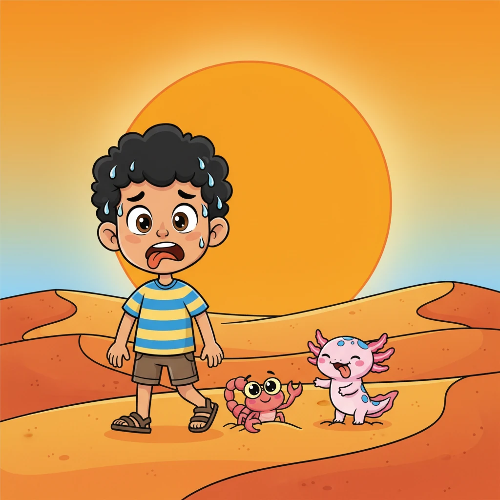 El sol naranja y ardiente golpea un vasto desierto de dunas ondulantes. Leo y Ajo caminan lentamente, con la lengua fuera y gotas de sudor caricaturescas en sus frentes. Se ven agotados y sedientos, mirando con desesperación el horizonte. Un pequeño escorpión, con grandes ojos amigables, emerge de la arena junto a ellos, ofreciendo una mano o pinza de ayuda.