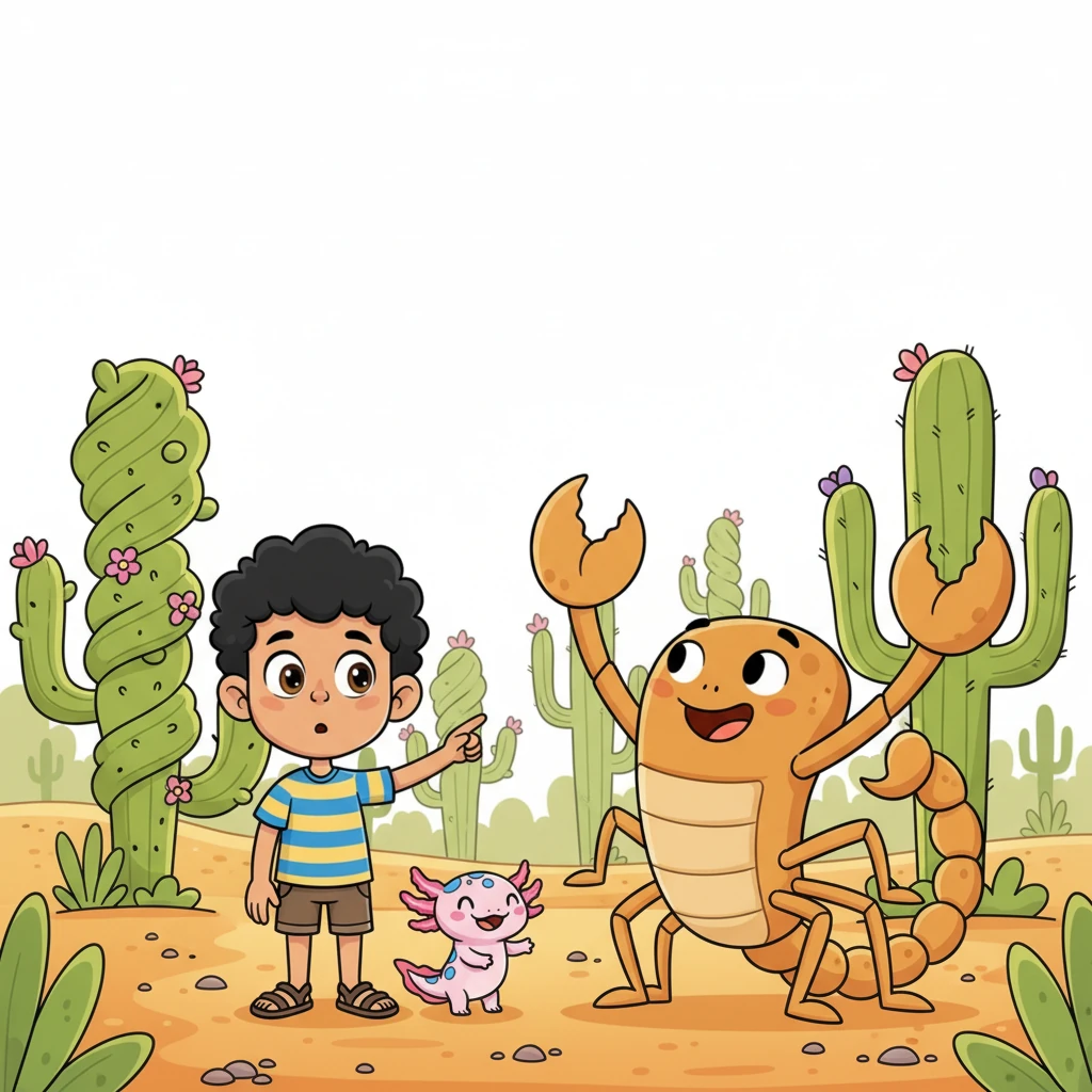 El escorpión, con una sonrisa amable, señala hacia una fila de cactus gigantes y de formas divertidas. Leo y Ajo lo miran con esperanza renovada, sus expresiones de cansancio disminuyendo. El escorpión parece confiado y listo para guiar, con sus pinzas en alto.