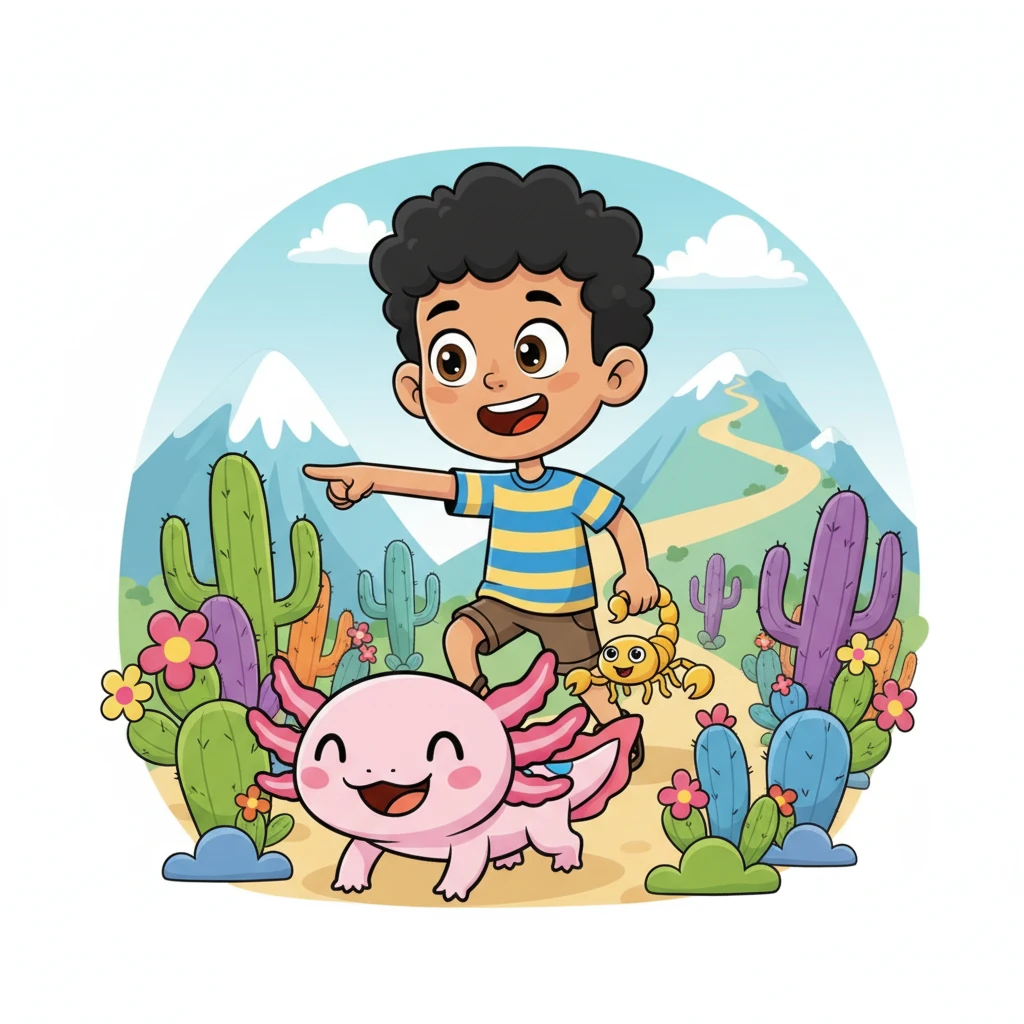 Leo, Ajo y el escorpión atraviesan un campo de cactus altos y de colores variados, algunos con flores brillantes. Después, suben por una montaña rocosa y estilizada, con picos que parecen nubes. El escorpión va al frente, mientras Leo y Ajo lo siguen de cerca, con expresiones de determinación y aventura.