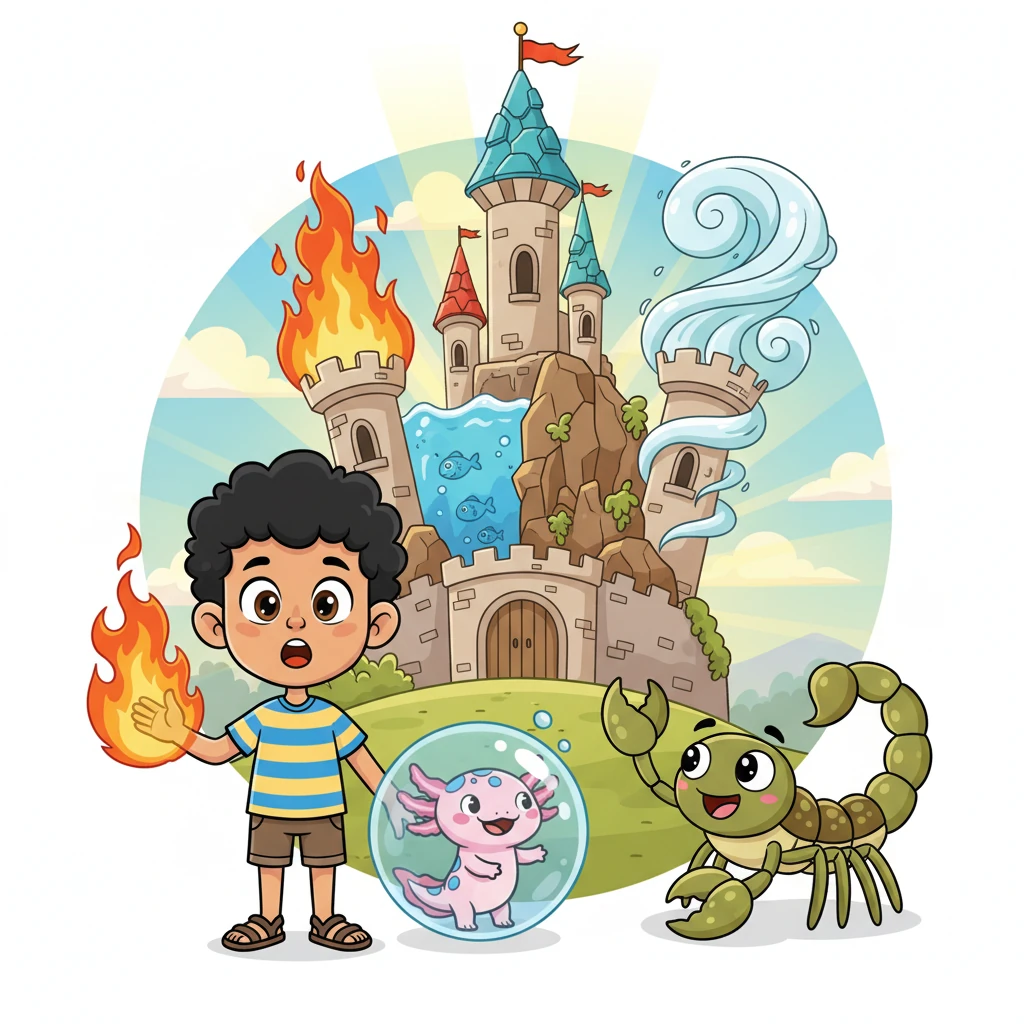 Frente a ellos se alza un castillo majestuoso y brillante, con torres que parecen hechas de diferentes elementos: una de fuego, otra de agua, una de tierra y otra de aire. El escorpión, sonriente, se despide con un saludo amistoso. Leo tiene una mano envuelta en llamas y Ajo está rodeado de una burbuja de agua, listos para entrar, con expresiones de asombro y valentía.