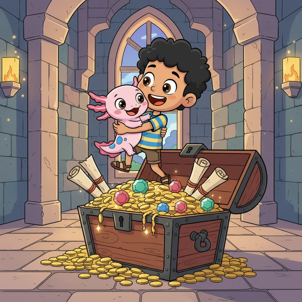 Dentro del castillo, Leo y Ajo encuentran un enorme cofre del tesoro abierto, rebosante de monedas de oro brillantes y joyas relucientes. Pero lo más emocionante son los otros mapas enrollados que sobresalen del cofre. Leo y Ajo se abrazan, sus caras llenas de alegría y emoción por las incontables nuevas aventuras que les esperan, con el castillo elemental de fondo.