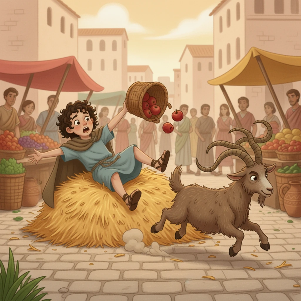 Suddenly, a mischievous goat with tangled horns breaks free from its tether, bolting through the market. Marcus, distracted, is nearly knocked off his feet as the goat barrels past, sending a basket of apples flying from his grasp. He stumbles backward, landing softly on a pile of hay, watching the goat disappear down a narrow side alley.