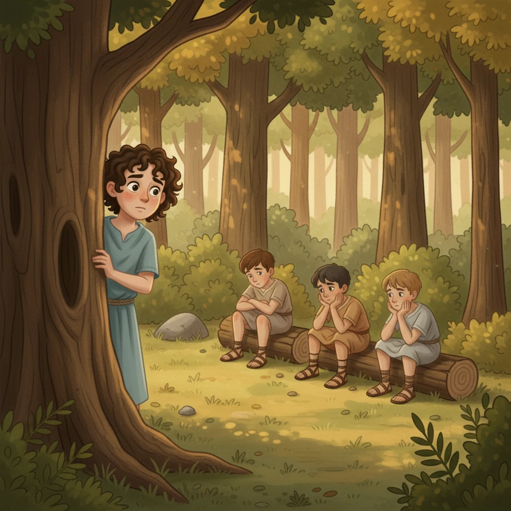 Feeling a bit disoriented and embarrassed, Marcus decides to avoid the main market road and wanders down a less-traveled path. He soon discovers a small, hidden clearing where a group of boys, much like himself, are gathered, looking bored and restless. They've clearly been 'sidelined' from their chores.