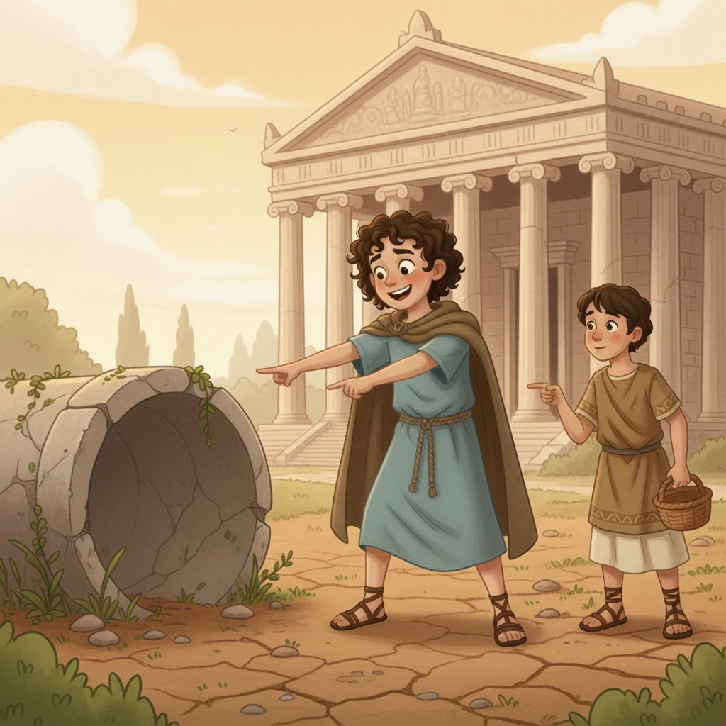 An upbeat boy with a bright smile and quick eyes, Lucius, notices Marcus. He introduces himself and gestures to a partially collapsed section of an old, forgotten aqueduct pipe nearby. Lucius explains they've been trying to fix it in secret, hoping to bring water to a dry patch of garden near the temple, but it's proven too difficult.