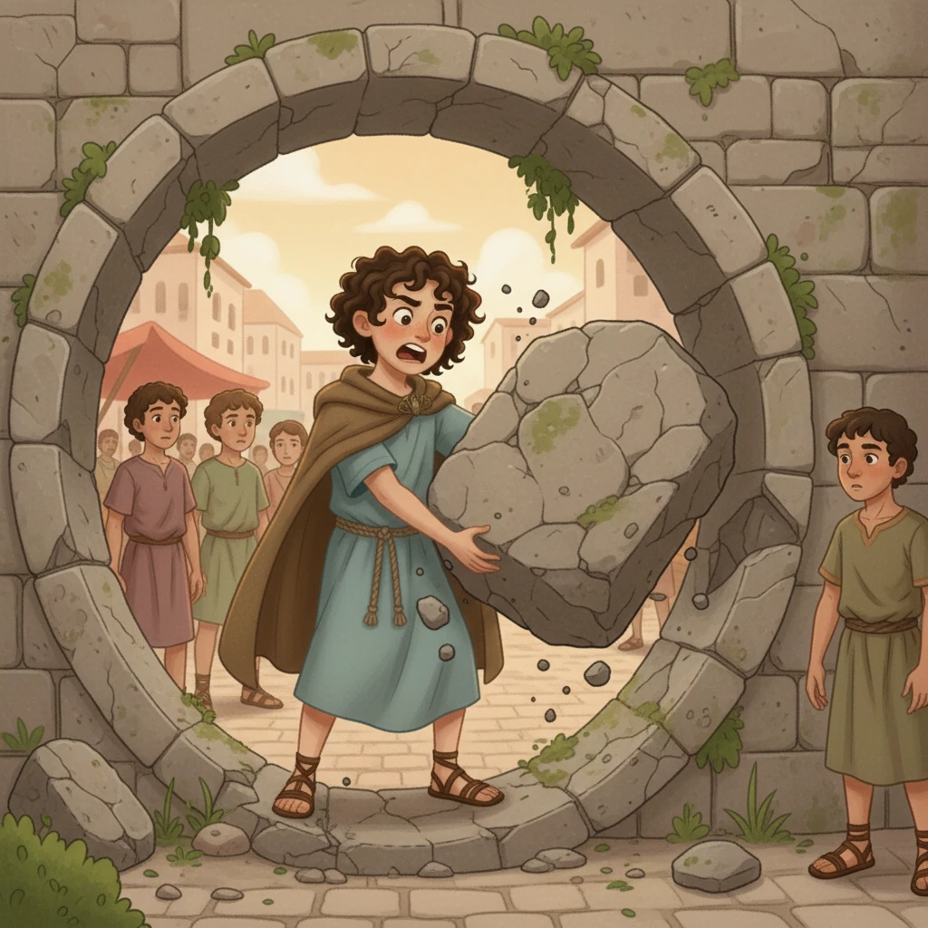 Eager to help, Marcus volunteers to try and lift a heavy, fallen stone that blocks the pipe's flow. He strains, grunts, and with a mighty heave, manages to dislodge it, but the stone tumbles awkwardly, causing a cascade of smaller pebbles to fall into the pipe, blocking it further. The other boys sigh in frustration.