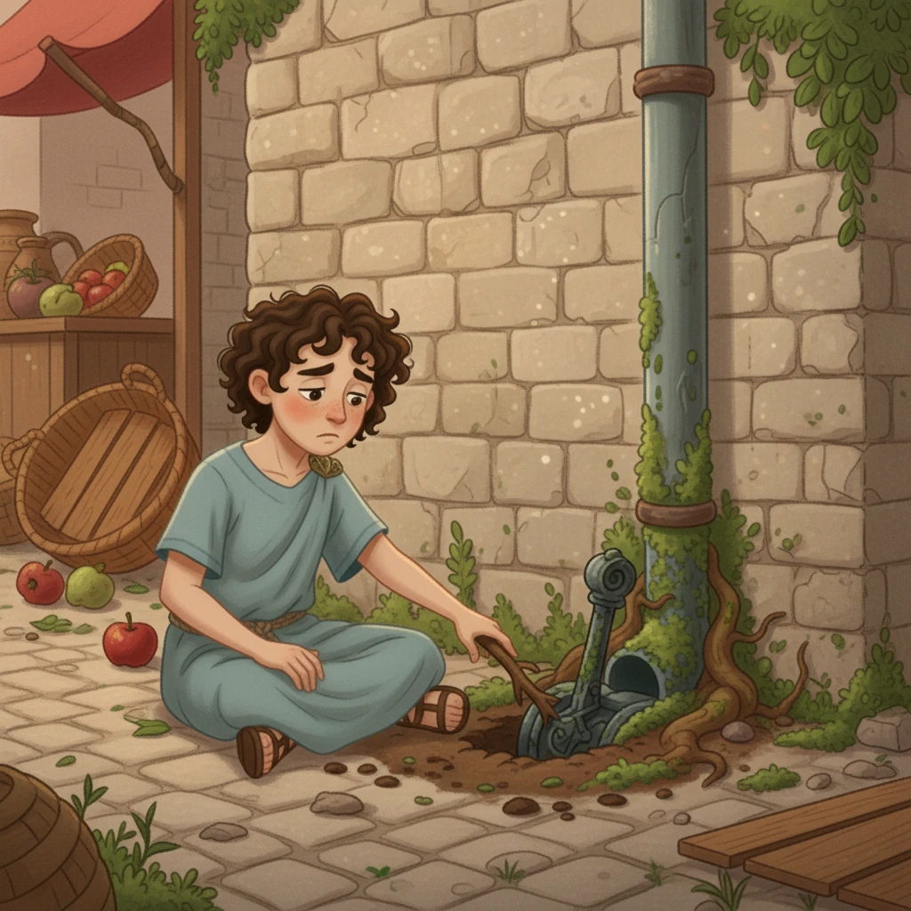 Dejected, Marcus sits near the pipe, absentmindedly poking at the ground with a stick. As he prods, he notices a patch of unusually loose earth and a curious, moss-covered lever hidden beneath a tangle of roots. His clumsy exploration had revealed something no one else had seen.