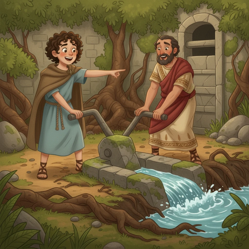 Marcus excitedly calls Lucius over, pointing to his discovery. Together, they clear away the roots and dirt. With a combined effort, they pull the lever, and with a groan of ancient stone, a hidden sluice gate slowly opens, diverting a small stream of water around the main blockage. A cheer erupts from the boys.