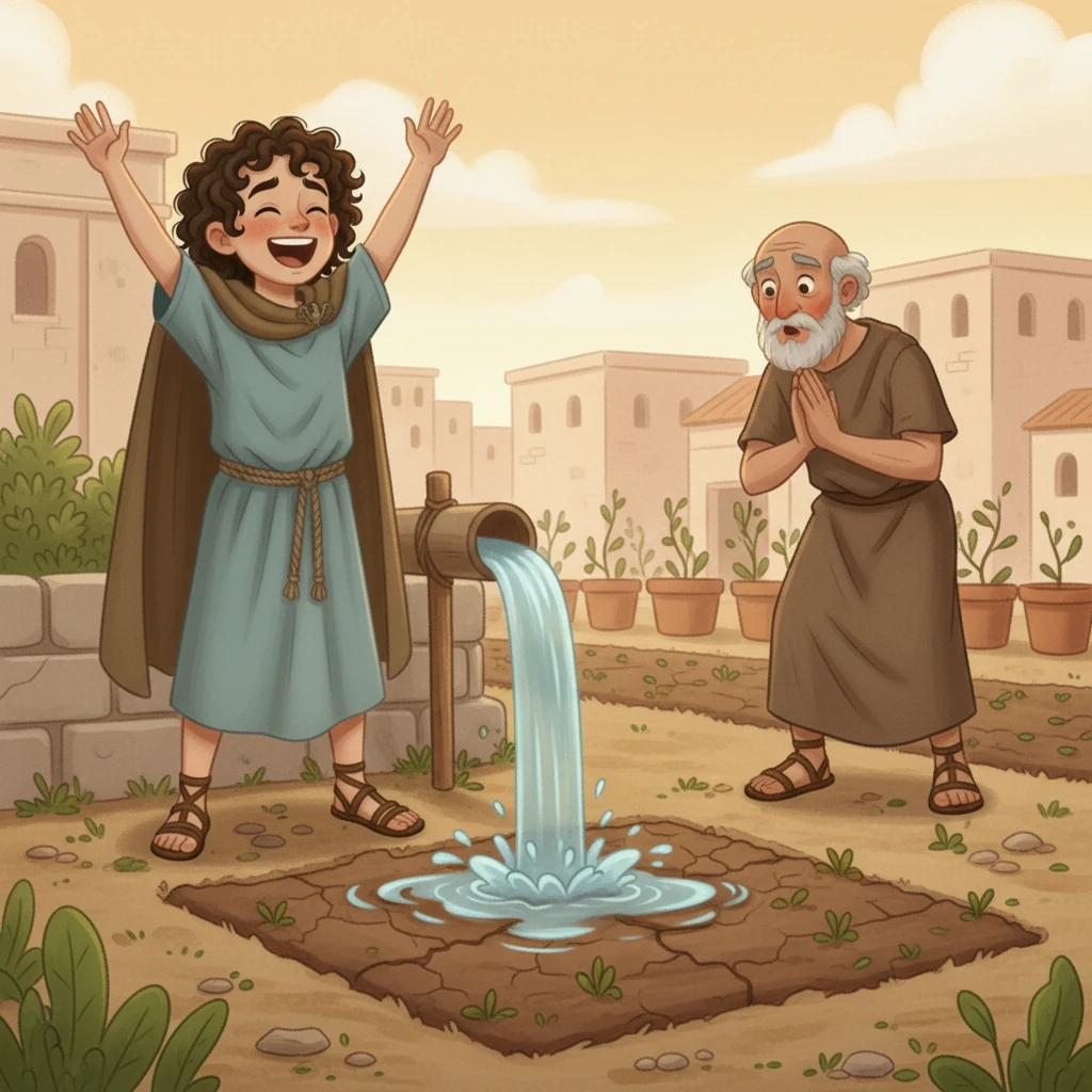 Finally, with a triumphant cheer, the last blockage is cleared. A steady stream of clean water gushes from the end of the pipe, flowing into the dry garden patch. An old gardener, who had been tending nearby, notices the flowing water and approaches, his eyes wide with surprise and gratitude.