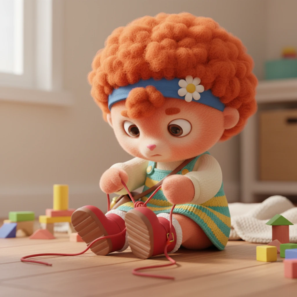 She sat on the floor, pulling the laces tight. Rose remembered watching her mom make neat bows, but when she tried, the laces just tangled into a messy, lopsided knot. Her fingers fumbled with the slippery strings.