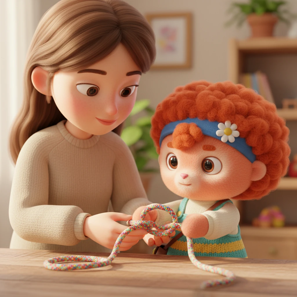 Mom showed Rose how to make one loop, then gently guided Rose's fingers to make the other. Her voice was calm and reassuring, explaining each movement slowly and clearly. Rose watched with renewed focus.