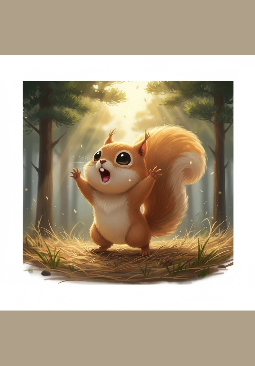 清晨的阳光透过松树叶,洒在毛茸茸的小松鼠团团身上。团团揉了揉圆溜溜的黑眼睛,伸了个大大的懒腰,尾巴像一把蓬松的大伞,轻轻扫过身下的干草。