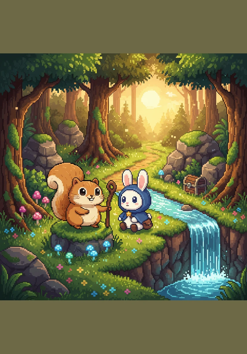 它蹦蹦跳跳地从松树上跳下来,踩着软软的落叶,来到一片开满小野花的山坡。粉粉的、黄黄的小野花挤在一起,像星星落在草地上,散发着阵阵清香。