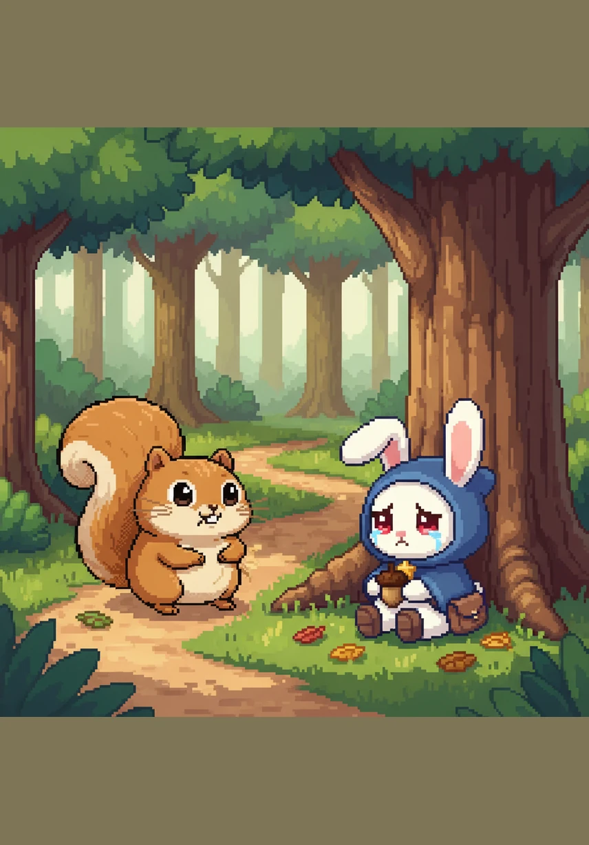 走着走着,团团忽然听到一阵轻轻的啜泣声。它连忙跑过去,发现小兔子乐乐正坐在大树下,两只长耳朵耷拉着,眼睛哭得红通通的。