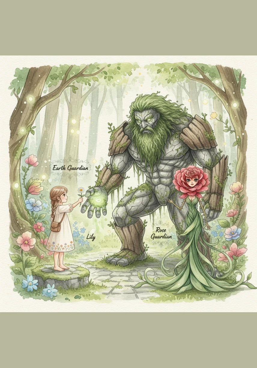In the heart of Aetheria, Lily met a massive stone giant whose rocky skin was cracked and dry. This was the Earth Guardian, who had become immobilized because the rivers of life had stopped flowing. Lily realized that her touch brought a spark of warmth that the ancient stone desperately needed.