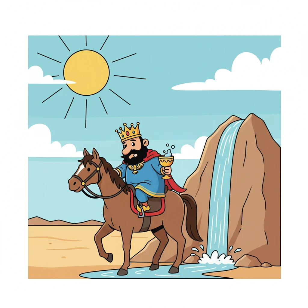 در این تعقیب و گریز، تشنگی بر شاهنشاه غلبه کرد. او اسبش را به سمت کوهی هدایت کرد که از بالای آن آب زلالی می‌چکید. جامش را بیرون آورد تا از آن آب بنوشد.