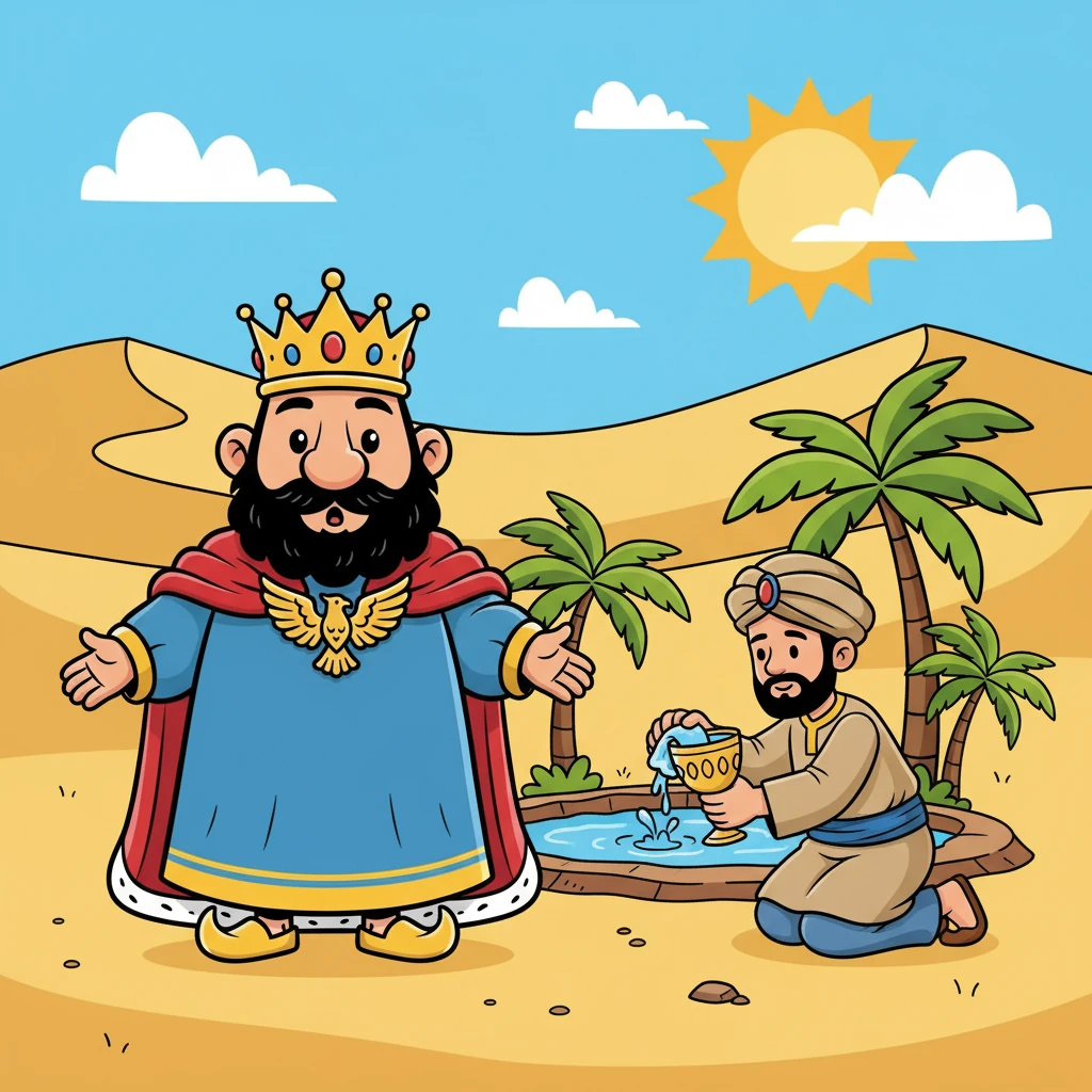 در همین حال، رکاب‌دار شاهنشاه رسید و شاه را تشنه یافت. او جام را شست و آب آورد تا به شاه بدهد.