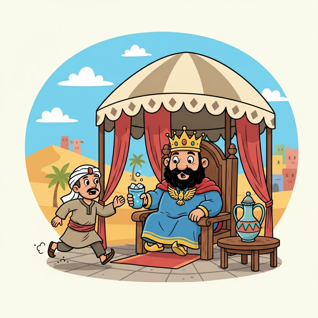 رکاب‌دار با عجله پایین آمد و آنچه را دیده بود به شاهنشاه گفت. او یک جام آب سرد از ظرف دیگری به شاه داد.