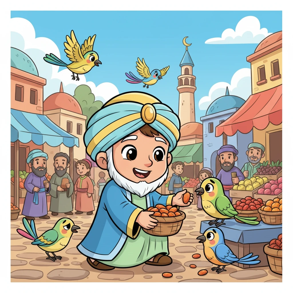 Young Moin lived in a bustling village, a bright spark with a heart full of sunshine. He loved to watch the colorful birds and share his sweet dates with anyone who looked a little sad, his eyes sparkling with a gentle kindness.