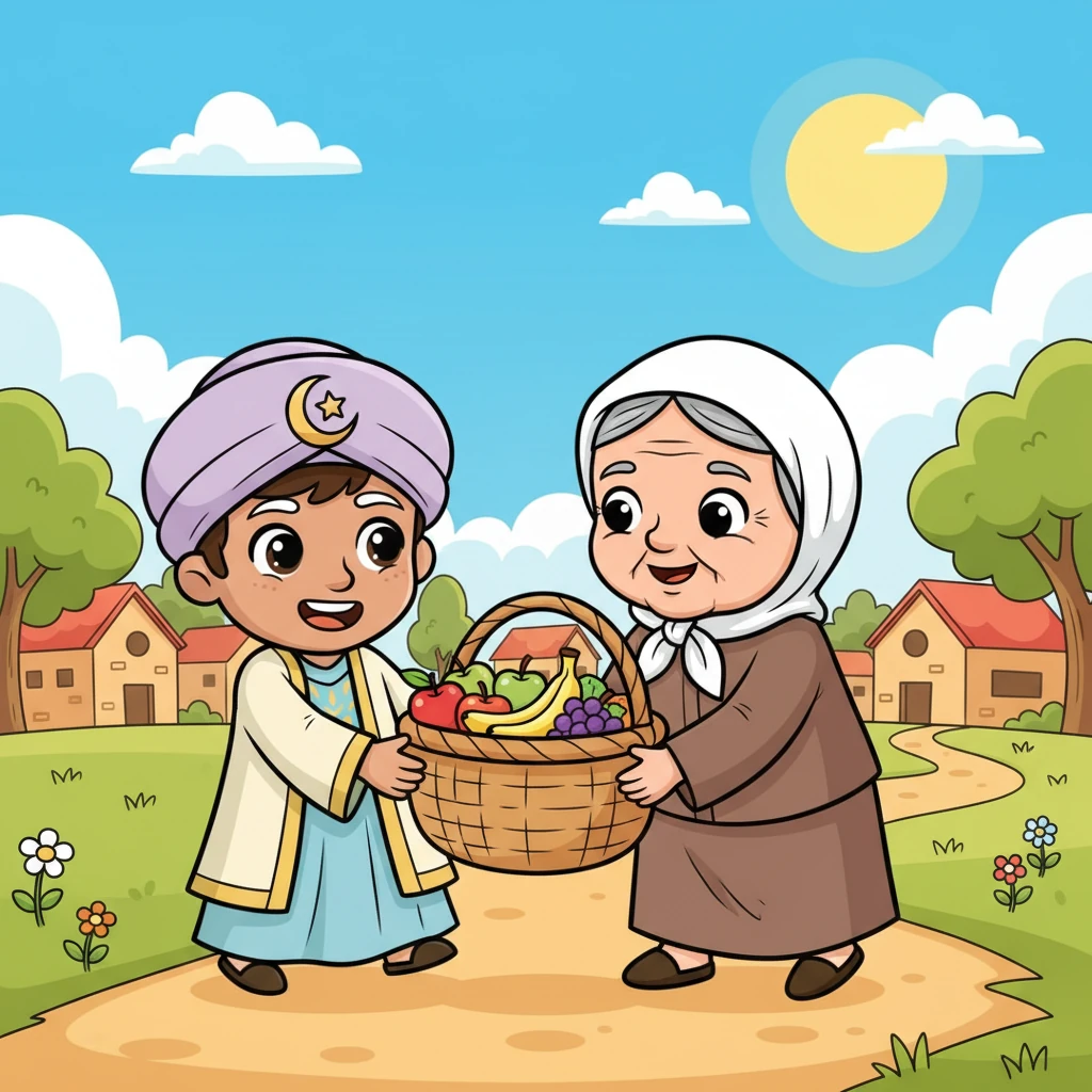 One sunny afternoon, Moin saw an old woman struggling with a heavy basket of fruit. Without a word, he skipped over, his small hands helping her carry it all the way home, a big, cheerful smile on his face.