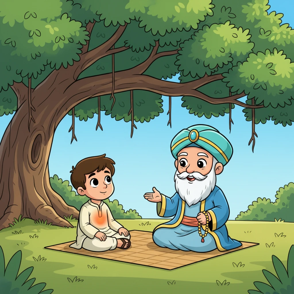 Moin often sat with a wise old storyteller under a grand banyan tree. The storyteller shared tales of love and helping others, and Moin listened with wide, curious eyes, feeling a warm glow spread in his chest.