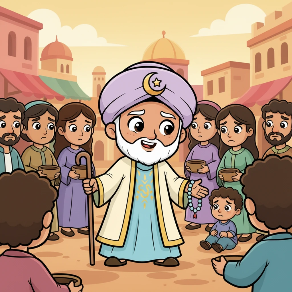 Eventually, Moin arrived in a new land, a place filled with many different faces and stories. He noticed some people looked worried or had empty hands, and his heart ached to bring them comfort.