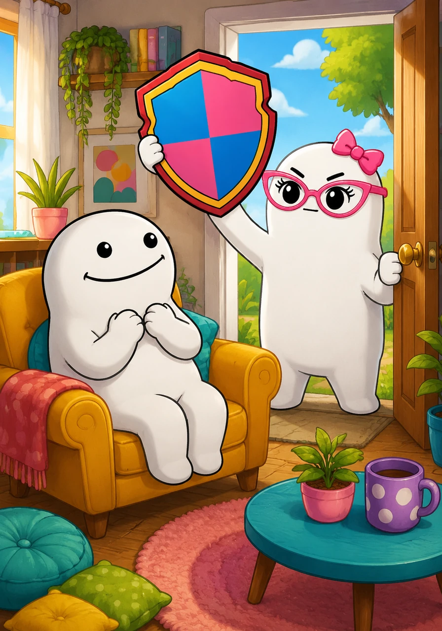 Flor, a simple sock-like creature with a cheerful expression, sits comfortably on a cozy armchair in her bright, messy-fun living room. Her good friend, another Flork-style character wearing glasses and carrying a large, stylized 'FACTO' sign, arrives at her open doorway, ready to deliver some wisdom.