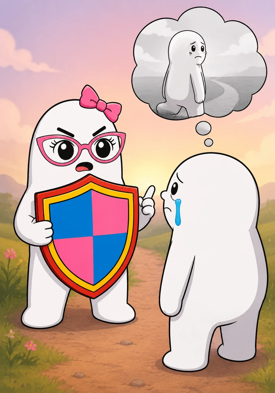 The friend stands confidently before Flor, holding the large 'FACTO' sign like a shield. She speaks earnestly, her expression serious as she imparts a crucial life lesson about things leaving for a reason, while Flor listens attentively, a thought bubble appearing above her head.