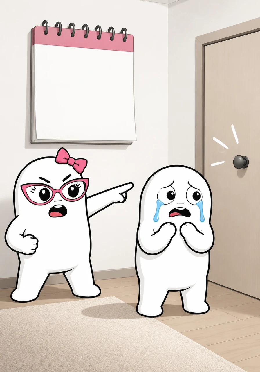 A cartoon calendar with a tear-off page showing 'MONTH 2' hangs prominently on a minimalist background. Two months have passed, and the friend gestures emphatically toward Flor's simple front door, predicting an impending knock from the past.