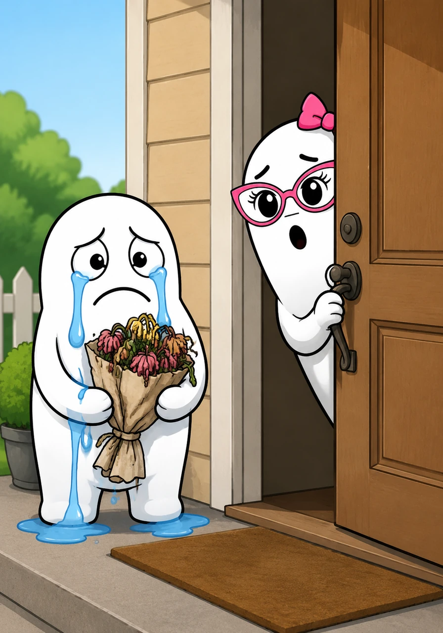 Flor is surprised by a small, pathetic-looking ex-partner Flork character on her doorstep, who is dramatically 'crying' large blue tears. The ex holds a crumpled bouquet, visibly desperate and regretting their departure as Flor peeks around the partially opened door.