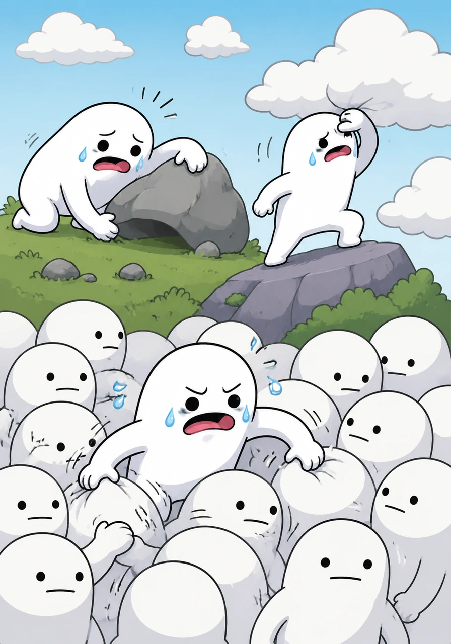 The ex-partner Flork, now shown isolated, frantically searches everywhere – under cartoon rocks, peering behind clouds, and digging through a pile of generic, interchangeable 'other people' Florks – in a vain attempt to find anyone resembling Flor. His expression is increasingly distressed.