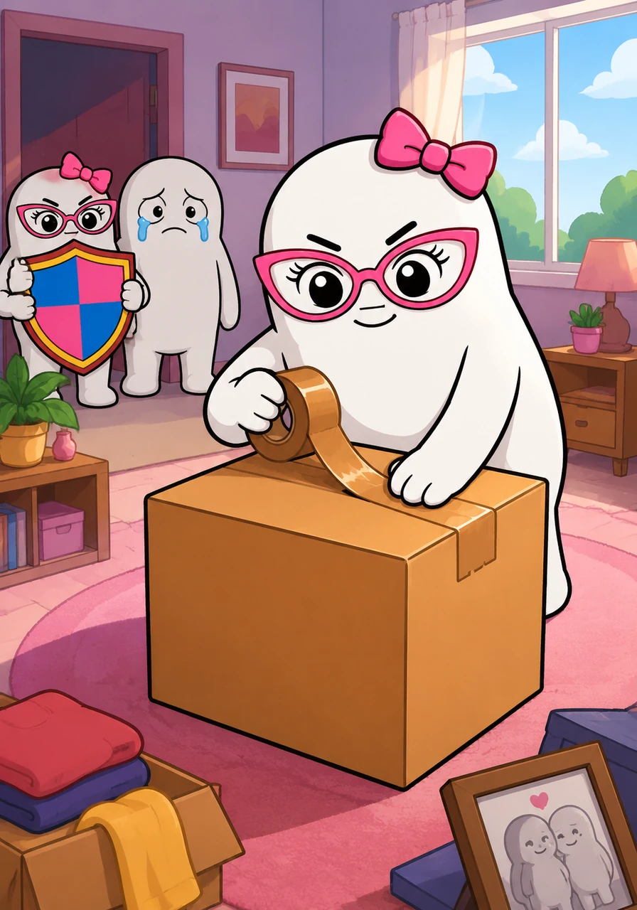 In stark contrast, Flor is shown happily and decisively packing a single box labeled 'PAST' in big, bold letters. She seals the box with thick tape, a determined look on her face as she symbolically leaves that chapter of her life behind.