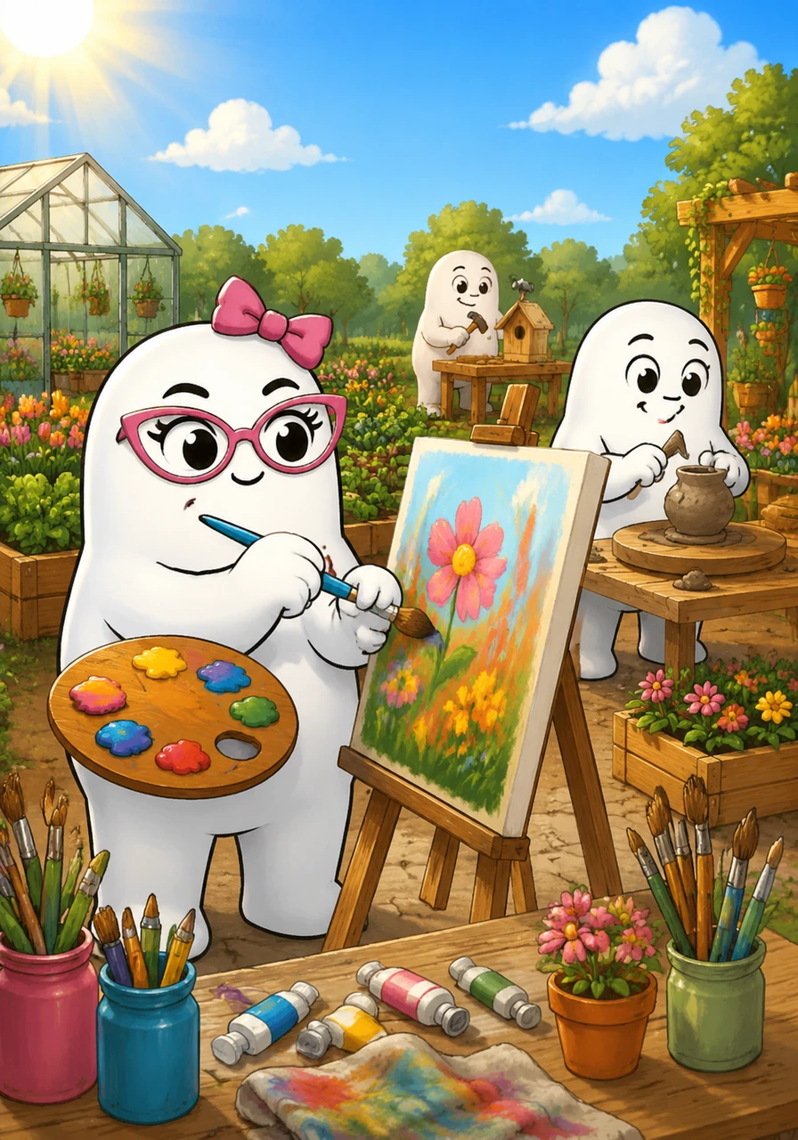 Flor's simple life has transformed into a vibrant, joyful scene; she is painting on a canvas outdoors under a bright sun, a colorful palette in hand, her world bustling with cheerful, productive energy and newfound hobbies.