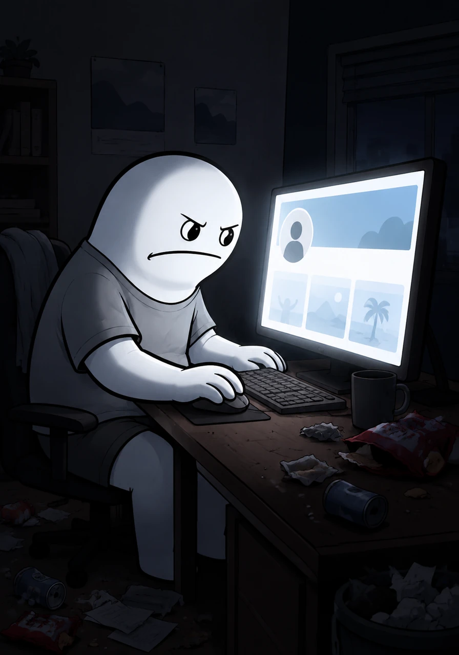 The ex-partner Flork is shown sitting alone at a computer in a dimly lit room, intensely focused on a screen displaying a generic social media feed. He is actively trying to post updates and curate an image of having 'moved on,' his face reflecting stubborn denial.