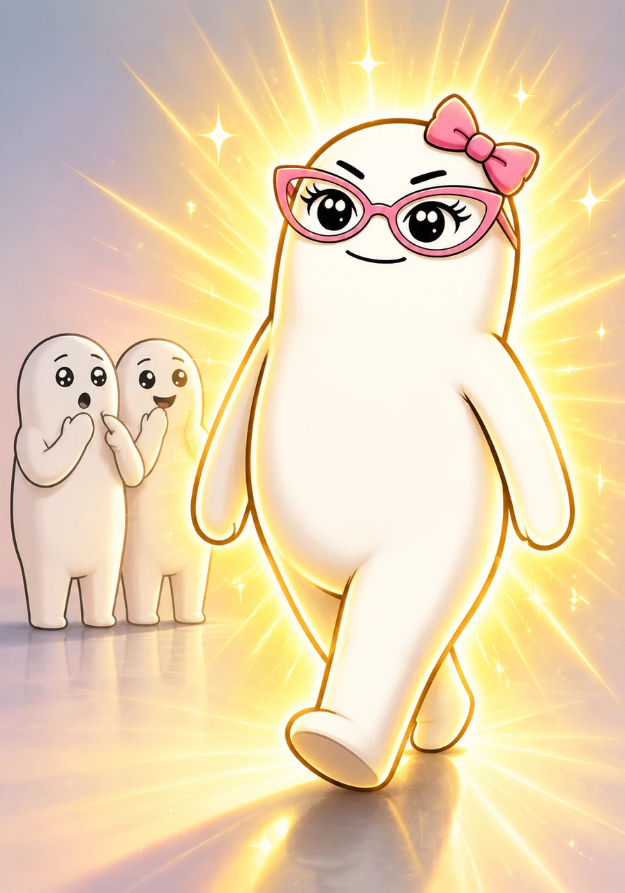Two generic observer Florks stand off to the side, subtly pointing towards Flor, who is walking confidently and shining brightly with radiating yellow light. They whisper, recognizing that she was genuinely too amazing for the ex-partner to appreciate.