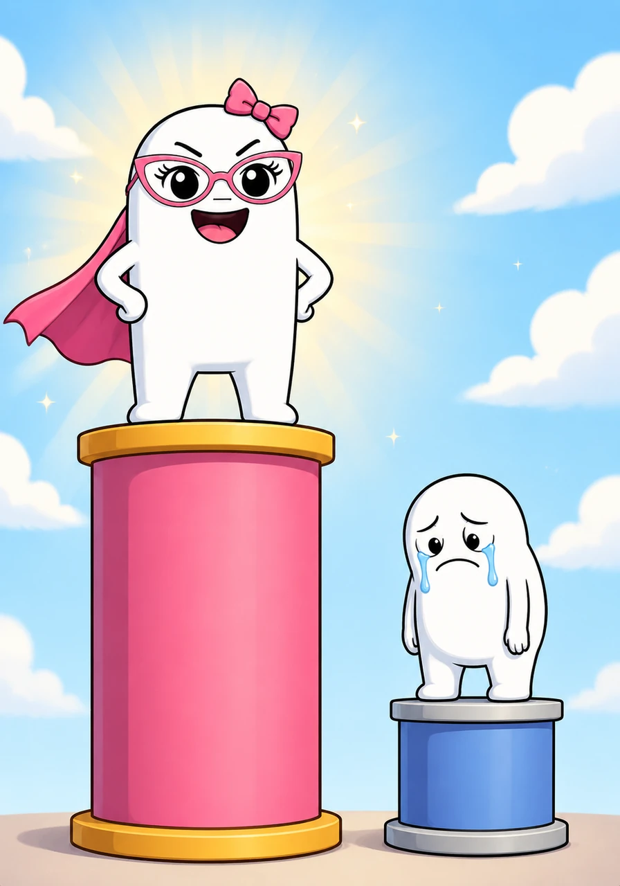 In the final scene, Flor, glowing with happiness and confidence, is shown standing on a small podium labeled 'SELF-WORTH'. Below her on a smaller, labeled 'HIM' podium, the ex-partner looks small and insignificant, illustrating the stark difference and realization of her value.